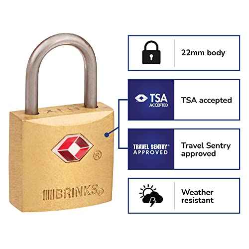 BRINKS TSA Approved Padlock, 22mm Solid Brass, Chrome-Plated with Hardened Steel Shackle, TSA Locks for Luggage, 2- Pack