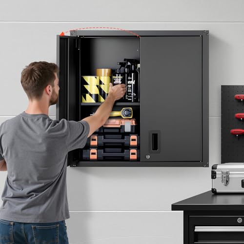 VEVOR Foldable 30in Metal Wall Cabinet with Locking Doors, 4 Adjustable Shelves – Black, 30W x 12.2D x 30H, Garage/Shop