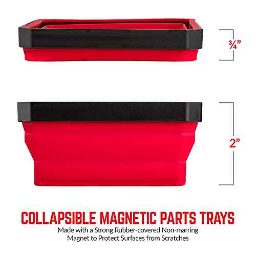 Collapsible Magnetic Parts Tray Set - (Pack of 3) Tool Trays for Screw, Bolts, Nuts, Washers, Pins and Other Small Metal Parts - 4.25 Inch Square - Red, Blue, and Green