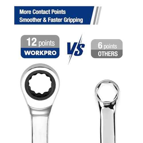 WORKPRO 19 mm Ratcheting Combination Wrench Metric, CR-V Constructed with Mirror Polish Chrome Plating, 12-Point Design, 15-Degree Offset