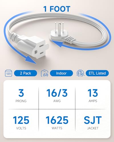 LitStar 1Ft White Flat Plug Extension Cord 2 Pack, 90-Degree Power Adapter