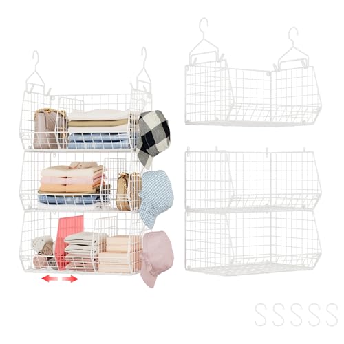White 3-Tier Closet Hanging Shelves with Divider & S Hooks - Large Storage Organizer