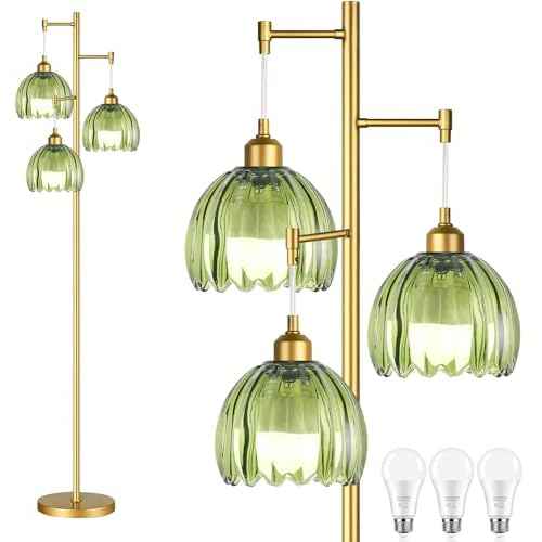 Gold Floor Lamps for Living Room Bedroom-3 Light Green Glass Floor Lamp with Three Led Bulb, Rustic Tall Floor Lamp Gold Standing Lamp Tree Floor Lamps for Living Room Bedroom,Office,Corner