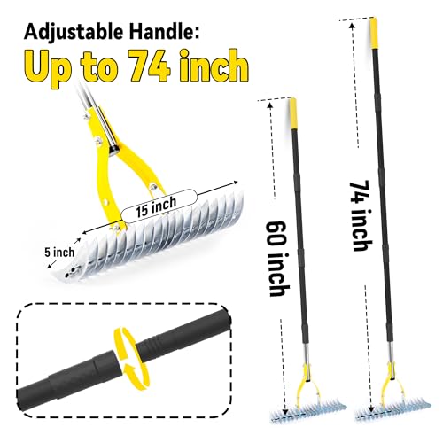 Heavy Duty Thatch Rake for Lawn with 74in Steel Handle - Dethatching Tool