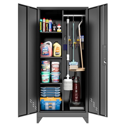 CBNTKI 61" Black Lockable Metal Garage Storage Cabinet with Pegboard & Hanging Rod