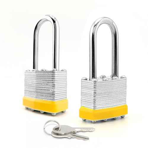 LanuBe Lock Laminated keyed Padlock (1-9/16", 40mm), keyed Alike Locks, Long Shackle,Marked Yellow Plastic Hoop, Pack of 2