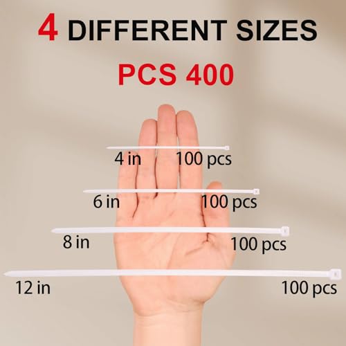 SiKuLin 400-Pack Assorted White Zip Ties 4, 6, 8 & 12 Inch UV Resistant Cable Ties