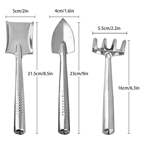 3 Pieces Mini Garden Tools Set, Stainless Steel Shovel Rake Spade Gardening Kit Lightweight Hand Trowel Transplant Trowel Hand Rake for Loose Succulents Potted Flower Seedling Soil