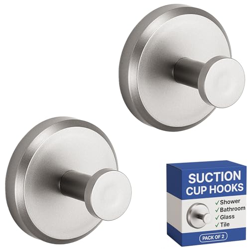 HOME SO Brushed Nickel Suction Cup Hooks 2-Pack - No Drilling Bathroom Towel Holders