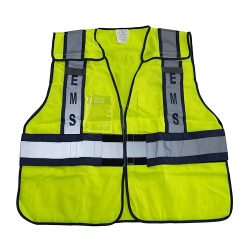 LINE2design High Visibility Front Pocket Safety Vest With Reflective Strips & EMS ANSI Polyester Fabric Yellow with Navy Trim, S-XXL, Average Size is Large