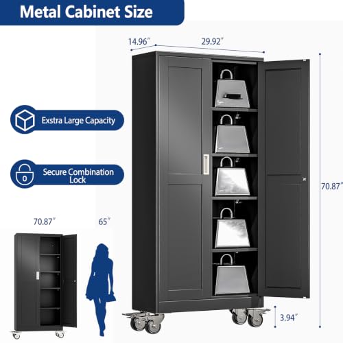 Ckzbx Metal Garage Storage Cabinet with Locking Doors, 71" H, Rolling Tool Cabinet with Adjustable Shelves - Black