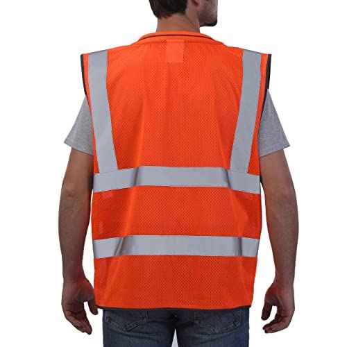 Neopelta Reflective Safety Vest Orange Mesh, High Visibility Vest with Pockets and Zipper, Padded Neck, Construction Work Vest ANSI Class 2, Orange L