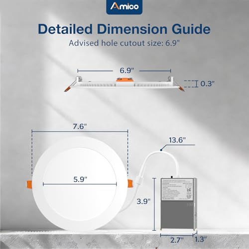 Amico 6 Pack 7 Inch Ultra-Thin LED Canless Recessed Ceiling Downlights - 5CCT