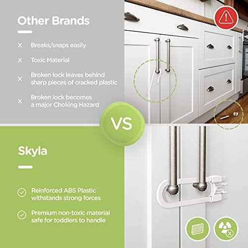 Sliding Cabinet Locks (4-Pack) 8 inch, Multi-Purpose Child Safety Lock by Skyla Homes - No Tools or Drilling Required, Best for Baby Proofing, Strong ABS Free Plastic Knob Cover