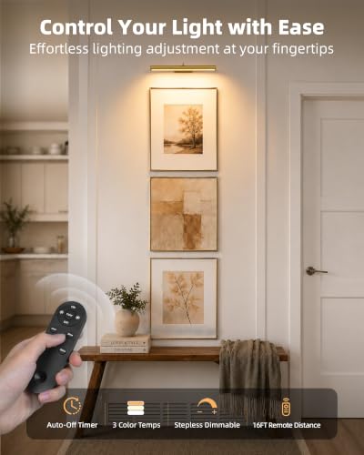 EZVALO 16 Inch Rechargeable Picture Light with Gold Finish, 6000mAh Battery, Adjustable Color & Brightness