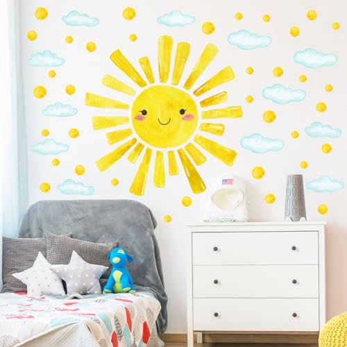 Eutecado Smile Sun Watercolor Wall Decals for Kids Room - 12 Sheets Wall Stickers for Nursery & Bedroom
