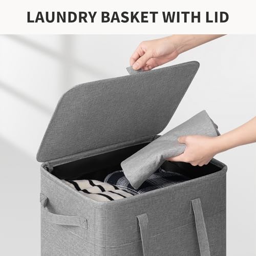 Goodpick 75L Rolling Laundry Basket with Wheels and Lid – Light Grey, 16.5 x 12.5 x 27.5 in