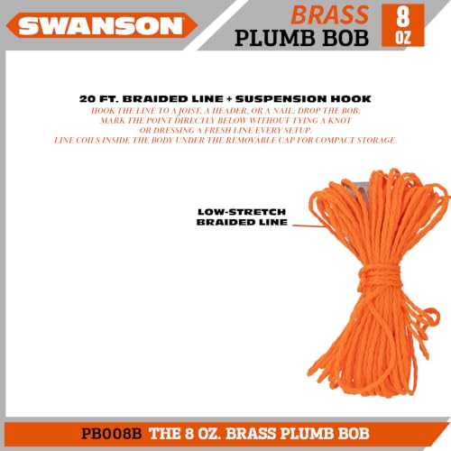 Swanson 8 oz. Brass Plumb Bob with 20 ft. Line, Hardened Steel Tip