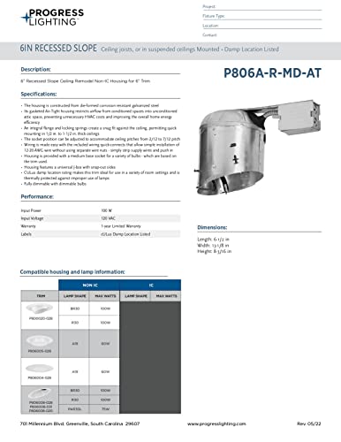 Progress Lighting P806A-R-MD-AT 6" Recessed Slope Ceiling Remodel Non-IC Housing 6" Trim