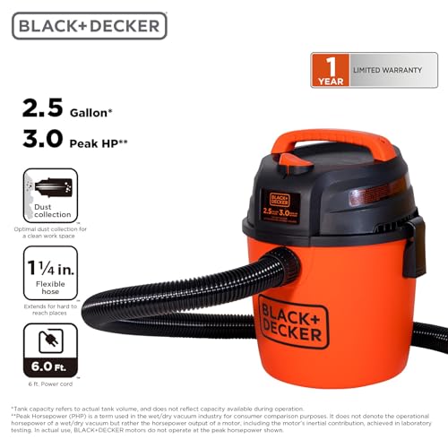 BLACK+DECKER 2.5 Gallon 3 HP Wet Dry Shop Vacuum Cleaner with Accessories