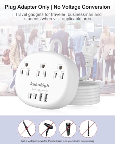 Kakahigh European Travel Plug Adapter with Extension Cord & USB Ports - Model 771-EU