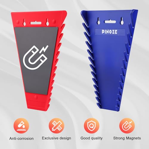 PINOZE 4-Piece Magnetic Wrench Organizer - 48-Slot Magnetic Wrench Rack (SAE 1/4"–1-1/16" & Metric 6–24mm) Red/Blue