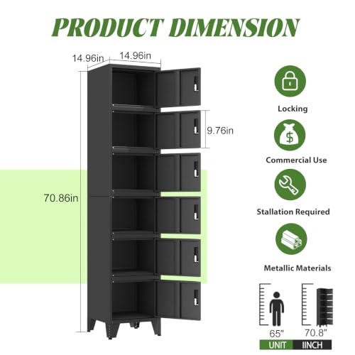 erosoei Black Metal Lockers for Employees 6-Door Storage Cabinet, 70.86in