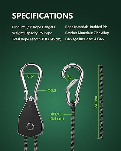 4-Pack Heavy Duty 1/8" Rope Hanger with Ratchet Tie Down Straps - STAYGROW