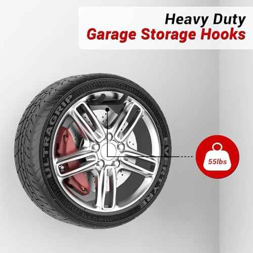 Ultrawall Garage Storage Hooks, Heavy Duty Steel Tool Organizer, 12.4 Inch Wall Mount Hangers Racks for Car Tires, Ladders, Chairs, Ropes and Garden Tools, 4 Pack