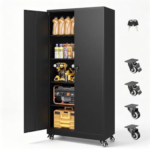 LISSIMO 74.5'' Rolling Garage Storage Cabinet with Locking Doors, 31.5W x 15.7D x 74.5H, 4 Adjustable Shelves