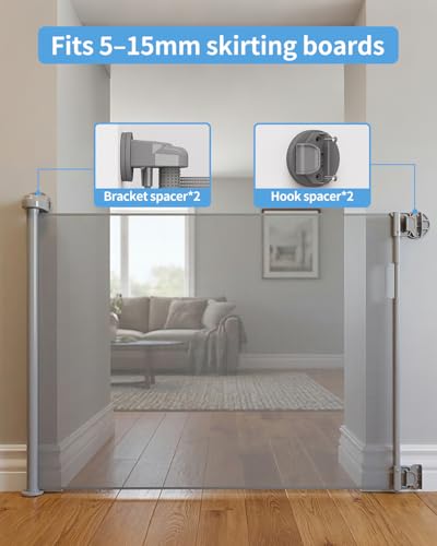 Gray Retractable Dog & Baby Gate for Stairs 33x55 Inches Drill Mount