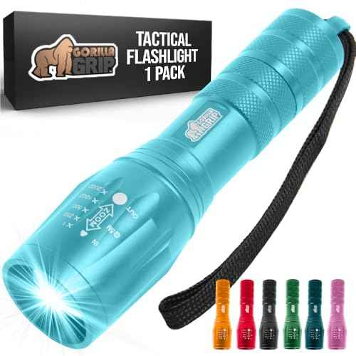 GORILLA GRIP Powerful LED Tactical Flashlight, 750 FT High Lumens 5 Adjustable Modes, Water Resistant, Ultra Bright Zoom, Stocking Stuffers, White Elephant Holiday Gifts, Dog Walking, Turquoise