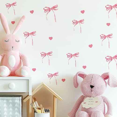 12 Sheets Bow Wall Stickers Peel and Stick Coquette Pink Bow Heart Decals for Room Nursery Boho Bedroom Dresser Playroom Living Room Windows Aesthetic Waterproof Wallpaper for Christmas Room Decor