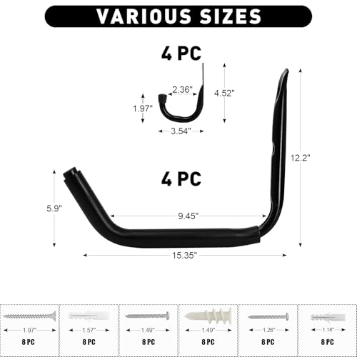 KURUI Heavy Duty Kayak Storage Rack, 100 LB (15") Wall Mount Hooks for Hanging Indoor/Outdoor, 8 Pack Large Garage Hooks for Ladder Kayaks Surfboards, Black Organization Hangers, Kayak Accessories