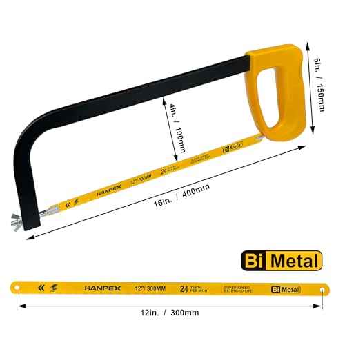 12in. High-Tension Hacksaw Frame with 24 TPI Bi-metal Blade, Hand Saw Suitable for Metal, wood, PVC, Carpentry