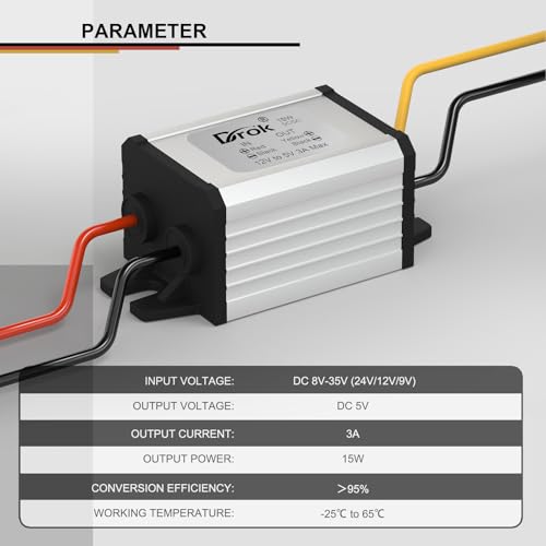 DROK 12V/24V to 5V Waterproof Buck Converter 3A 15W Power Supply for Automotive, LED, Solar