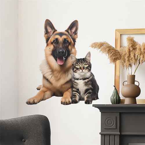 Cozy German Shepherd Tabby Wall Stickers, sacinora Cute Kitten Dog Cat House Pet Wall Decals Removable Vinyl Peel and Stick for Pet House Living Room Bedroom Nursery Art Home Decorations