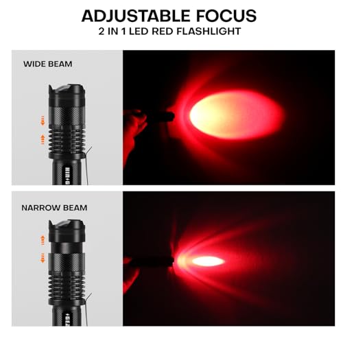 2 Pack Red LED Flashlight with Single Mode, Adjustable Beam for Night Observation & Outdoor Activities