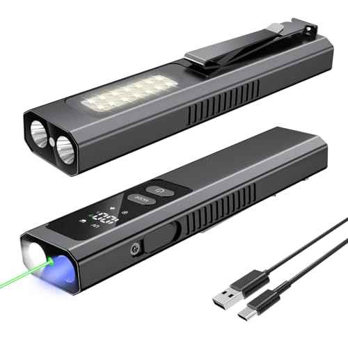 EDC Flashlight 4 in1 Magnetic Flashlight High Lumens Work Light with Green Beam & UV & Warning Light Combo EDC Flashlight Rechargeable LT-010 (Black)