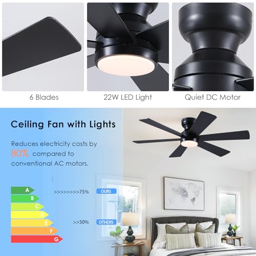 Asyko 46-Inch Black 6-Blade Modern Ceiling Fan with Light & Remote Control