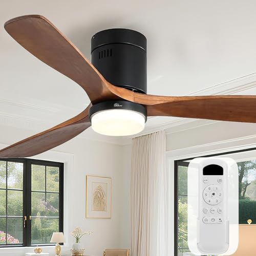 Sofucor 52 Inch Walnut Brown & Black Wood Ceiling Fan with Lights & Remote, Low Profile