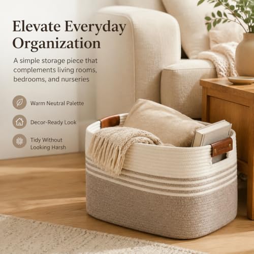 ordnestidy White Brown Cotton Rope Laundry Basket 15.4GAL, Collapsible Rectangular Hamper