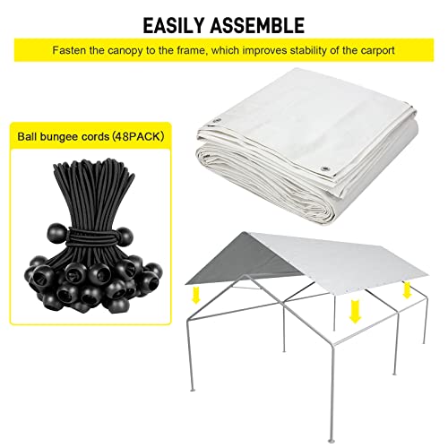 10x20ft White Carport Canopy Replacement Cover with Bungee Cords - Waterproof UV Resistant Shelter