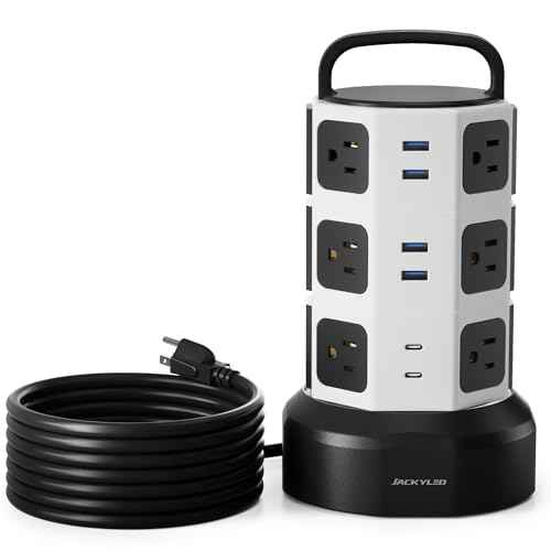 Power Strip Tower Surge Protector, JACKYLED 1625W 13A Outlet Surge Electric Tower, 12 Outlets 6 USB Ports Charging Station with 16AWG 15ft Heavy Duty Extension Cord for Home Office Dorm