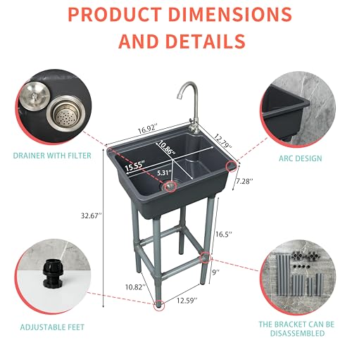 Gray Freestanding Single Bowl Utility Sink with Faucet Hole - Kitchen Laundry Tub