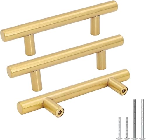 Goldenwarm 10 Pack 3 Inch Gold Cabinet Handles Brushed Gold Pulls with 76mm Hole Centers