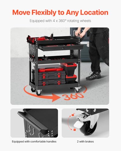 VEVOR 4-Tier Rolling Tool Cart with Lockable Drawer, 350 lbs Capacity, 32.7 x 13.8 x 32.5 in