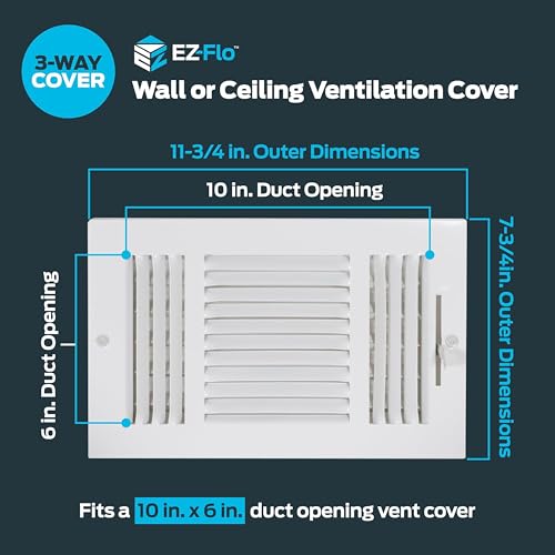 EZ-FLO 10 x 6 Inch White Steel Wall & Ceiling Vent Cover with 3-Way Air Deflector