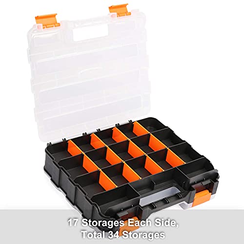 Mayouko 34-Compartment Double-Side Tool Organizer with Removable Dividers – Black/Orange, 12.6" L x 10.6" W x 3.2" H