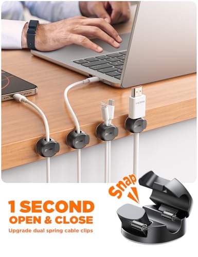 Chfeila Black Cable Clips 8-Pack - Quick-Lock Cord Organizer, Sticky Cable Management
